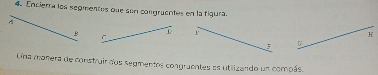 Encierra los segmentos que son congruentes en la figura.
A
D E
B C
H
F G
Una manera de construir dos segmentos congruentes es utilizando un compás.