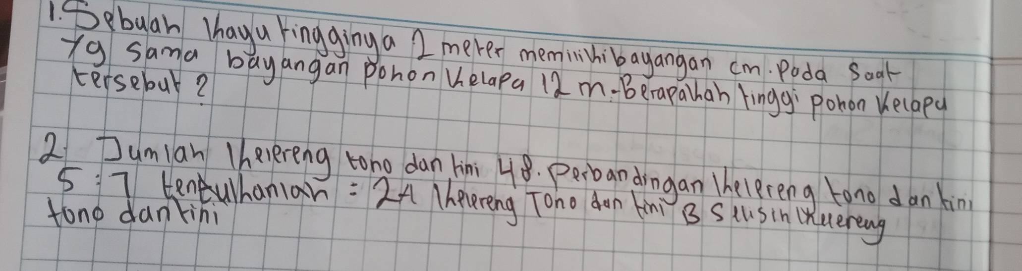 Bebuah hhayu kingging a 2 mever meminhibayangan cm. Poda Soak 
Xg sama bayangan pohon Velapa 12 m - Berapathan kinggì pohon Kelapy 
tersebut? 
2 Dumian Ihevereng tono dan lini 48. perbandingan helereng tono dan kin
5:7 teneuhanan : 24 helereng Toho don tini B stusin (xuerng 
tone dantini