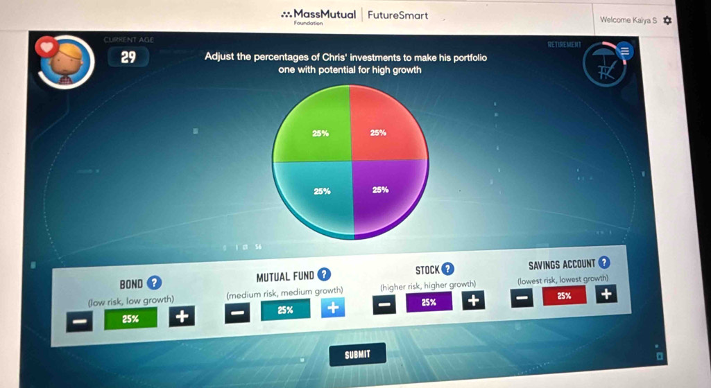 ∴∵MassMutual FutureSmart Welcome Kaiya S
Foundation
CURRENt age RETIREMENT
Adjust the percentages of Chris' investments to make his portfolio
one with potential for high growth
0 1 56
BOND MUTUAL FUND STOCK SAVINGS ACCOUNT
(low risk, low growth) (medium risk, medium growth) (higher risk, higher growth) (lowest risk, lowest growth)
25% 25%
25%
25%
SUBMIT