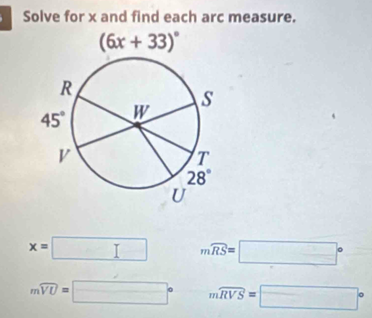 Solve for x and find each arc measure.
x=□ mwidehat RS=□°
mwidehat VU=□° mwidehat RVS=□°