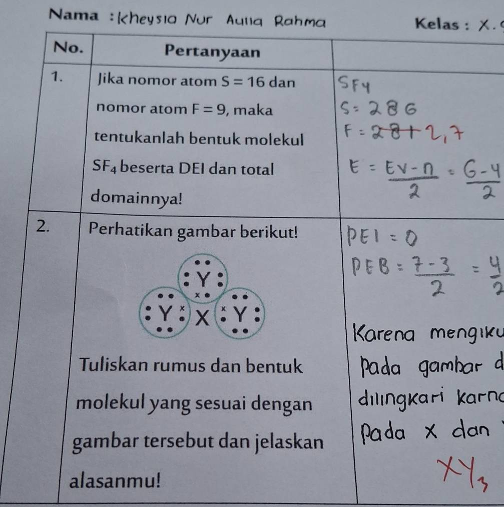 Nama : Kheysia N a g a n m
No. Pertanyaan 
1. Jika nomor atom S=16 dan 
nomor atom F=9 , maka 
tentukanlah bentuk molekul
SF_4 beserta DEI dan total 
domainnya! 
2. Perhatikan gambar berikut! 
Tuliskan rumus dan bentuk 
molekul yang sesuai dengan 
gambar tersebut dan jelaskan 
alasanmu!