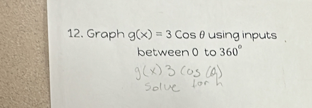 Graph g(x)=3cos θ using inputs 
between 0 to 360°