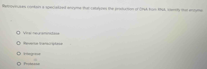 Retroviruses contain a specialized enzyme that catalyzes the production of DNA from RNA, Identity that enzyme
Viral neuraminidase
Reverse transcriptase
Integrase
Protease