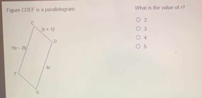 Figure CDEF is a parallelogram. What is the value of r?
2
3
4
5