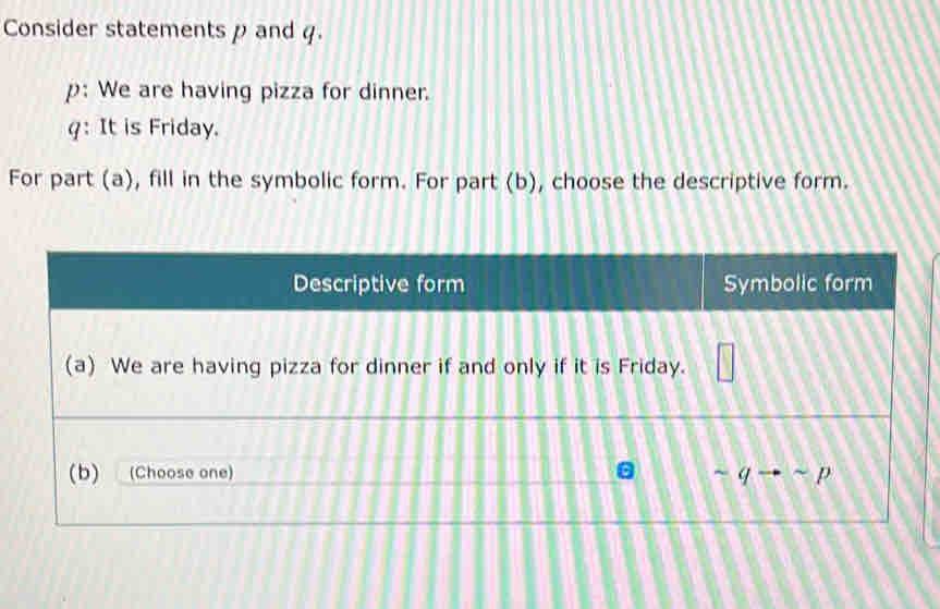 Consider statements p and q.
p: We are having pizza for dinner.
g: It is Friday.
For part (a), fill in the symbolic form. For part (b), choose the descriptive form.