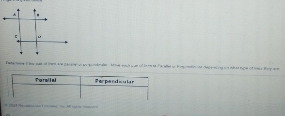 Determine if the pair of lines are parallel or perpendicular. Move each pair of lines to Parallei or Perpendicular depending on what type of lines they are
Parallel Perpendicular
© 2024 Renaissance Learning, Inc. All rights reverved.