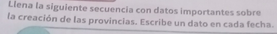 Llena la siguiente secuencia con datos importantes sobre 
la creación de las provincias. Escribe un dato en cada fecha.