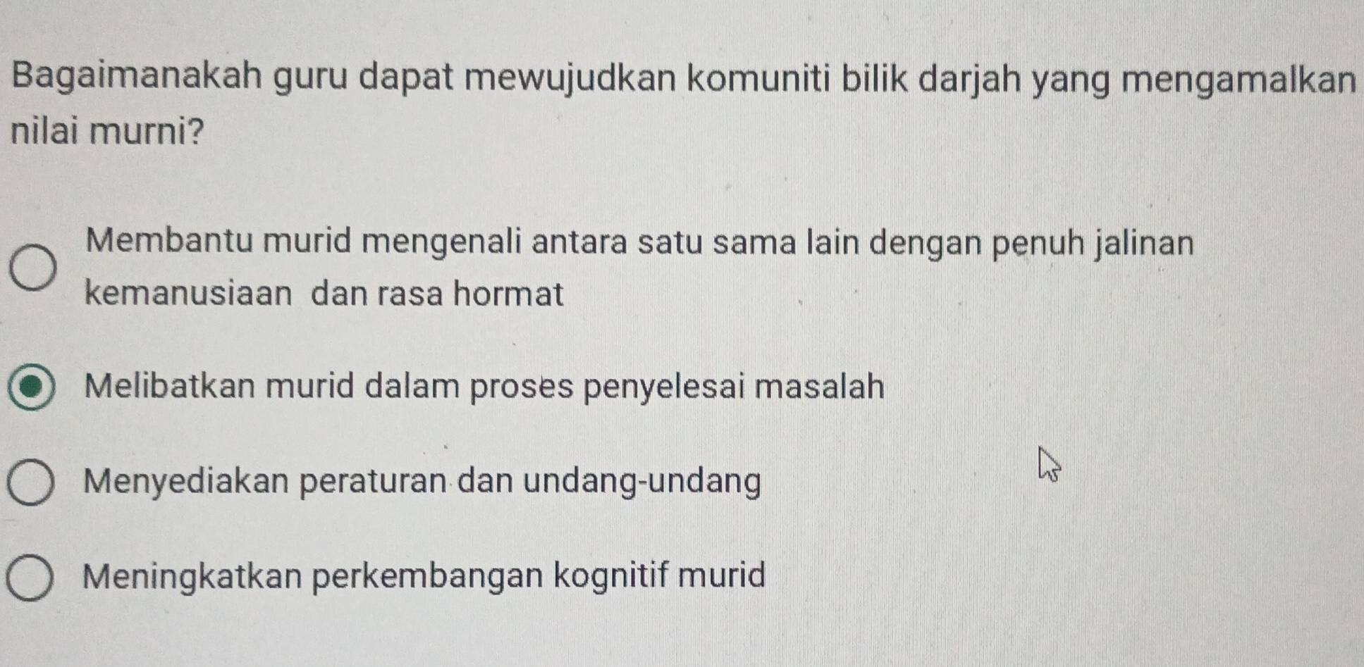 Bagaimanakah guru dapat mewujudkan komuniti bilik darjah yang mengamalkan
nilai murni?
Membantu murid mengenali antara satu sama lain dengan penuh jalinan
kemanusiaan dan rasa hormat
Melibatkan murid dalam proses penyelesai masalah
Menyediakan peraturan dan undang-undang
Meningkatkan perkembangan kognitif murid