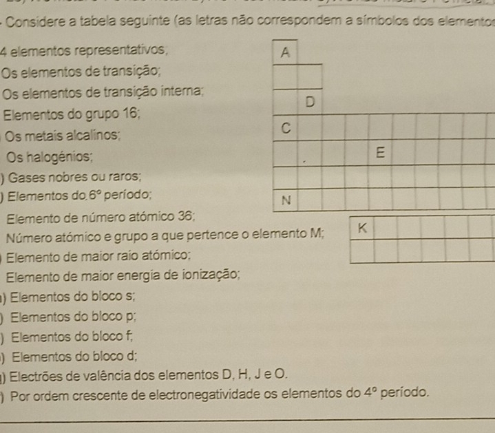 Solved: Considere a tabela seguinte (as letras não correspondem a ...