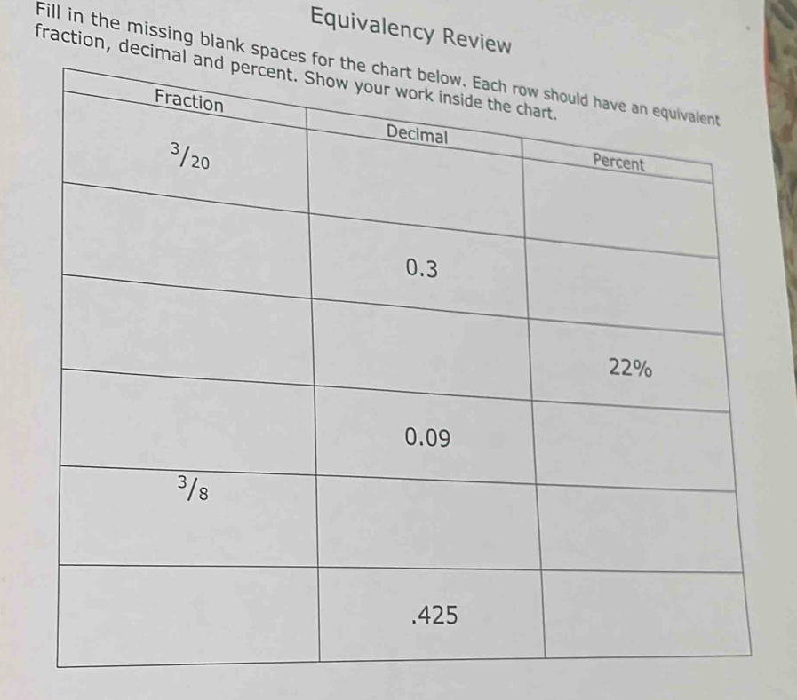 Equivalency Review 
Fill in the missing blank spac 
fraction, decim