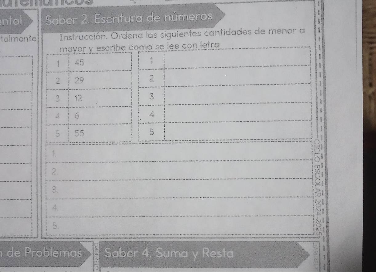 ntal Saber 2. Escritura de números B 
talmente Instrucción. Ordena las siguientes cantidades de menor a 1

mayor y escribe como se lee con letra
1 45 1
2 29 2
3 12 3

4 6
4
5 55 5
1. 
2. 
3. 
4. 
5. 
de Problemas Saber 4, Suma y Resta 
5 
: