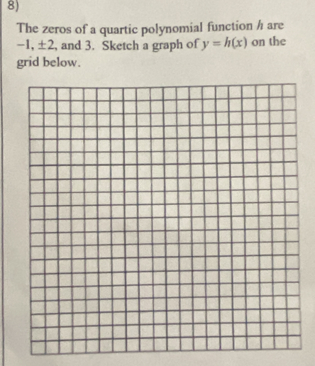 The zeros of a quartic polynomial function h are
-1 , ±2, and 3. Sketch a graph of y=h(x) on the 
grid below.