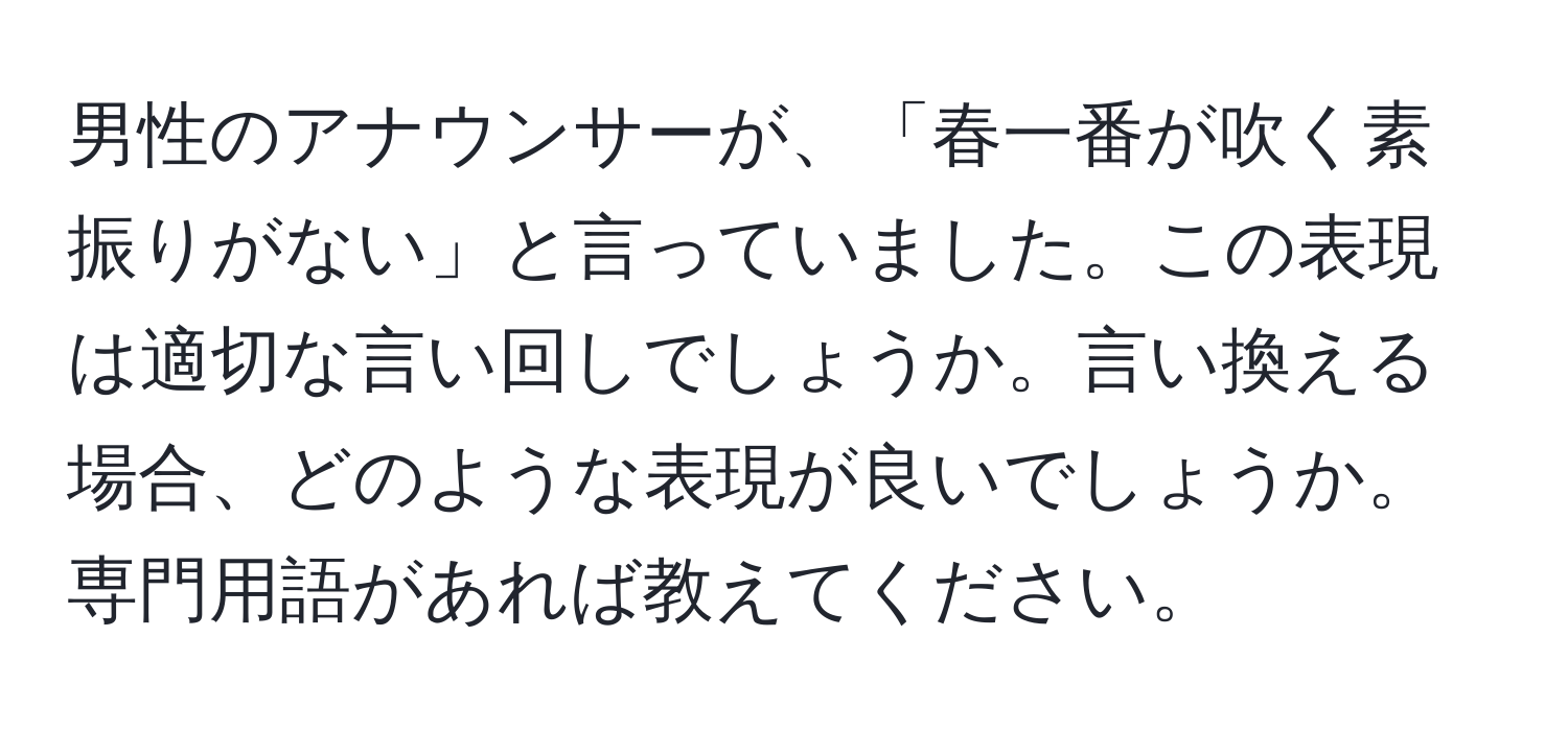 男性のアナウンサーが、「春一番が吹く素振りがない」と言っていました。この表現は適切な言い回しでしょうか。言い換える場合、どのような表現が良いでしょうか。専門用語があれば教えてください。