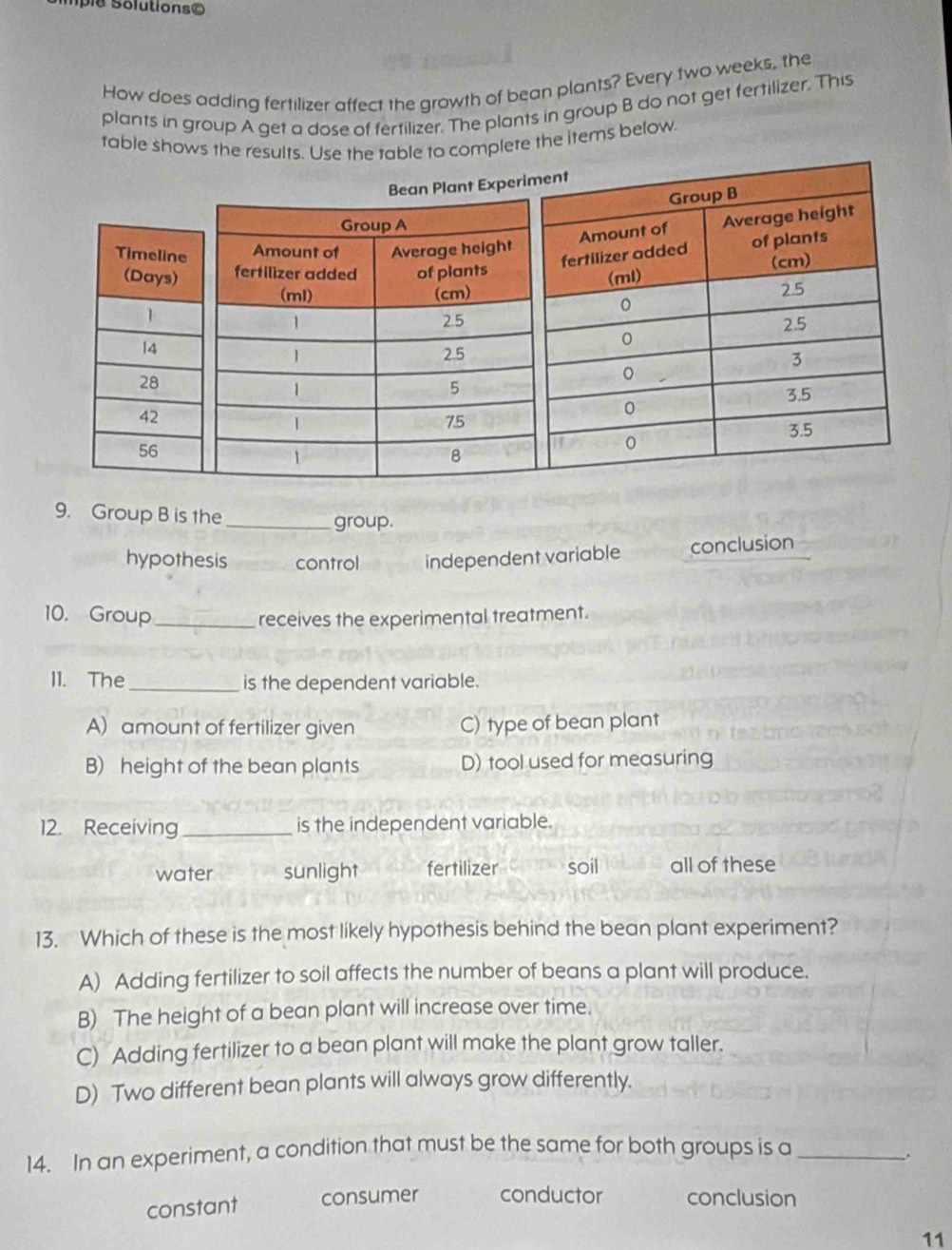 ie Solutionso
How does adding fertilizer affect the growth of bean plants? Every two weeks, the
plants in group A get a dose of fertilizer. The plants in group B do not get fertilizer. This
table shows the results. Use the table to complete the items below.
Bean Plant Exper
Group A
Timeline Amount of Average height
fertilizer added of plants
(Days) 
(ml) (cm)
1
1 2.5
14
1 2.5
28
1
5
42
1
75
56
1
8
9. Group B is the _group.
hypothesis control independent variable conclusion
10. Group_ receives the experimental treatment.
11. The_ is the dependent variable.
A) amount of fertilizer given C) type of bean plant
B) height of the bean plants D) tool used for measuring
12. Receiving_ is the independent variable.
water sunlight fertilizer soil all of these
13. Which of these is the most likely hypothesis behind the bean plant experiment?
A) Adding fertilizer to soil affects the number of beans a plant will produce.
B) The height of a bean plant will increase over time.
C) Adding fertilizer to a bean plant will make the plant grow taller.
D) Two different bean plants will always grow differently.
14. In an experiment, a condition that must be the same for both groups is a_
.
constant consumer conductor conclusion
11