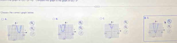 ∵  x alpha =2x+m Compare this graph to the graph o f(x)=x°
Choose the correct graph below 
A. ④ D. 
B. 
C. 
C -50 10