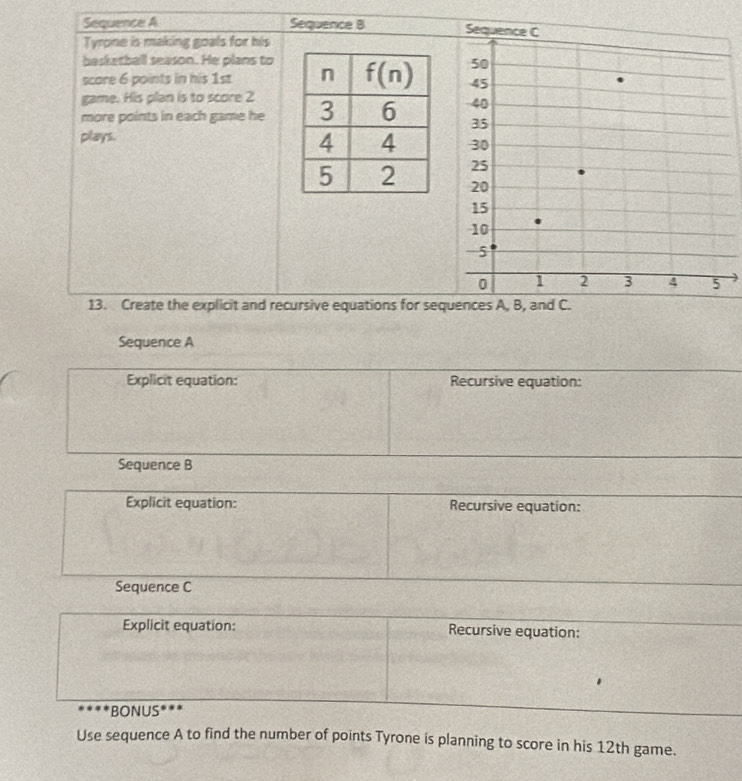 Sequence A Sequence B Sequence C
Tyrone is making goals for his
basketball season. He plans to
score 6 points in his 1st 50
45
game. His plan is to score 2
40
more points in each game he 35
plays.
30
25
20
15
10
5
0 1 2 3 4 5
13. Create the explicit and recursive equations for sequences A, B, and C.
Sequence A
Explicit equation: Recursive equation:
Sequence B
Explicit equation: Recursive equation:
Sequence C
Explicit equation: Recursive equation:
* *** *BONUS***
Use sequence A to find the number of points Tyrone is planning to score in his 12th game.