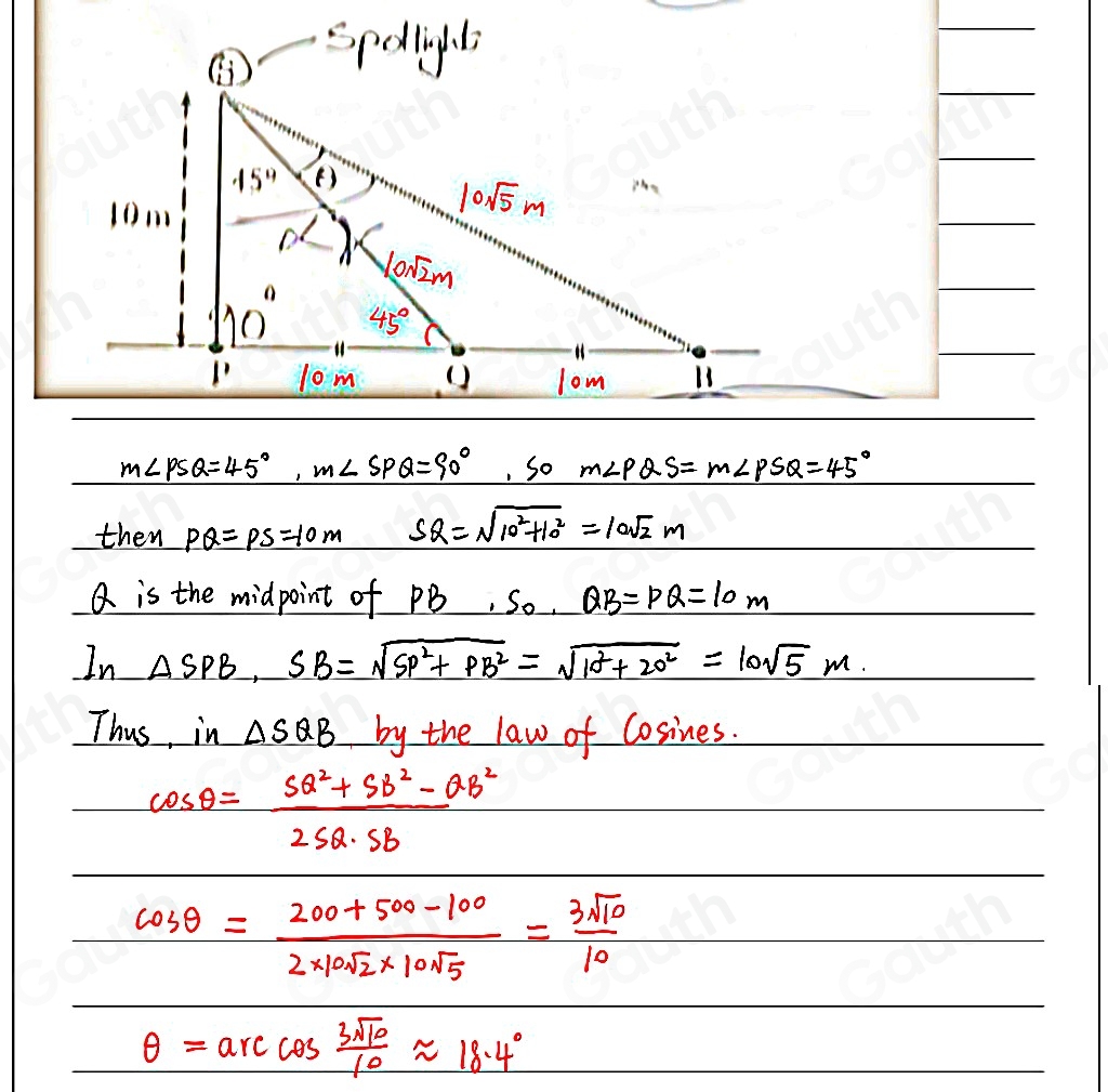 Solved: The diagram below shows a spotlight at point S, mounted 10 ...