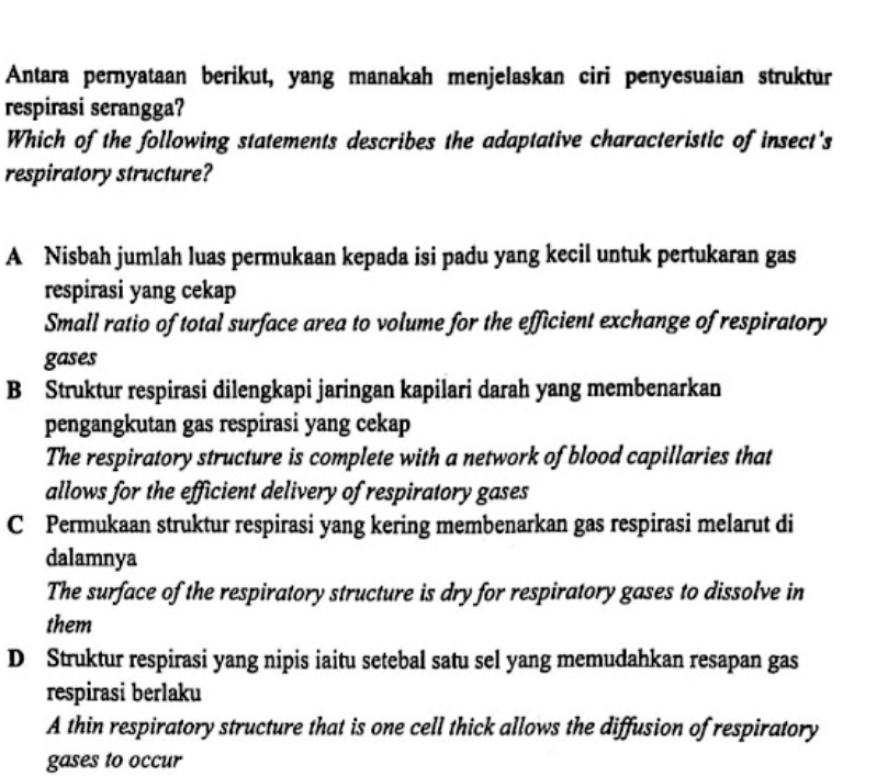 Antara pernyataan berikut, yang manakah menjelaskan ciri penyesuaian struktur
respirasi serangga?
Which of the following statements describes the adaptative characteristic of insect's
respiratory structure?
A Nisbah jumlah luas permukaan kepada isi padu yang kecil untuk pertukaran gas
respirasi yang cekap
Small ratio of total surface area to volume for the efficient exchange of respiratory
gases
B Struktur respirasi dilengkapi jaringan kapilari darah yang membenarkan
pengangkutan gas respirasi yang cekap
The respiratory structure is complete with a network of blood capillaries that
allows for the efficient delivery of respiratory gases
C Permukaan struktur respirasi yang kering membenarkan gas respirasi melarut di
dalamnya
The surface of the respiratory structure is dry for respiratory gases to dissolve in
them
D Struktur respirasi yang nipis iaitu setebal satu sel yang memudahkan resapan gas
respirasi berlaku
A thin respiratory structure that is one cell thick allows the diffusion of respiratory
gases to occur