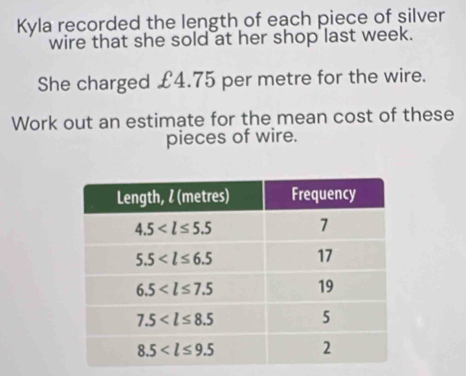 Kyla recorded the length of each piece of silver
wire that she sold at her shop last week.
She charged £4.75 per metre for the wire.
Work out an estimate for the mean cost of these
pieces of wire.