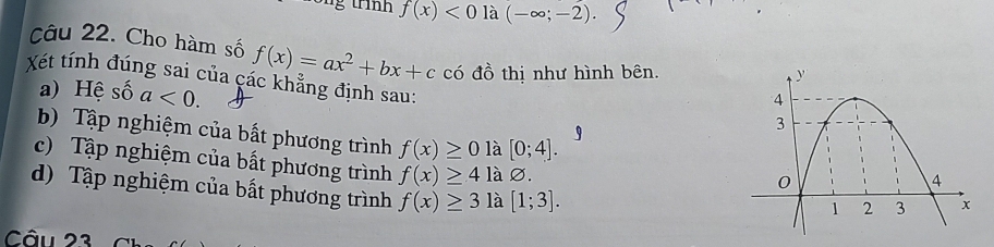 trình f(x)<01a(-∈fty ;-2). 
Câu 22. Cho hàm số f(x)=ax^2+bx+c
Xét tính đúng sai của các khẳng định sau: có đồ thị như hình bên.
a) Hệ số a<0</tex>.
b) Tập nghiệm của bất phương trình f(x)≥ 0 là [0;4].
c) Tập nghiệm của bất phương trình f(x)≥ 4 là varnothing
d) Tập nghiệm của bất phương trình f(x)≥ 3 là [1;3]. 
Câu 23