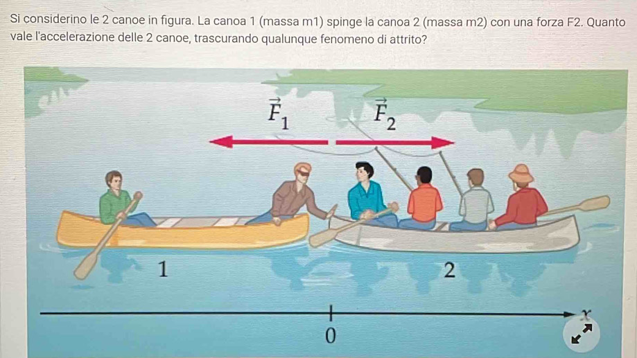 Si considerino le 2 canoe in figura. La canoa 1 (massa m1) spinge la canoa 2 (massa m2) con una forza F2. Quanto
vale l'accelerazione delle 2 canoe, trascurando qualunque fenomeno di attrito?