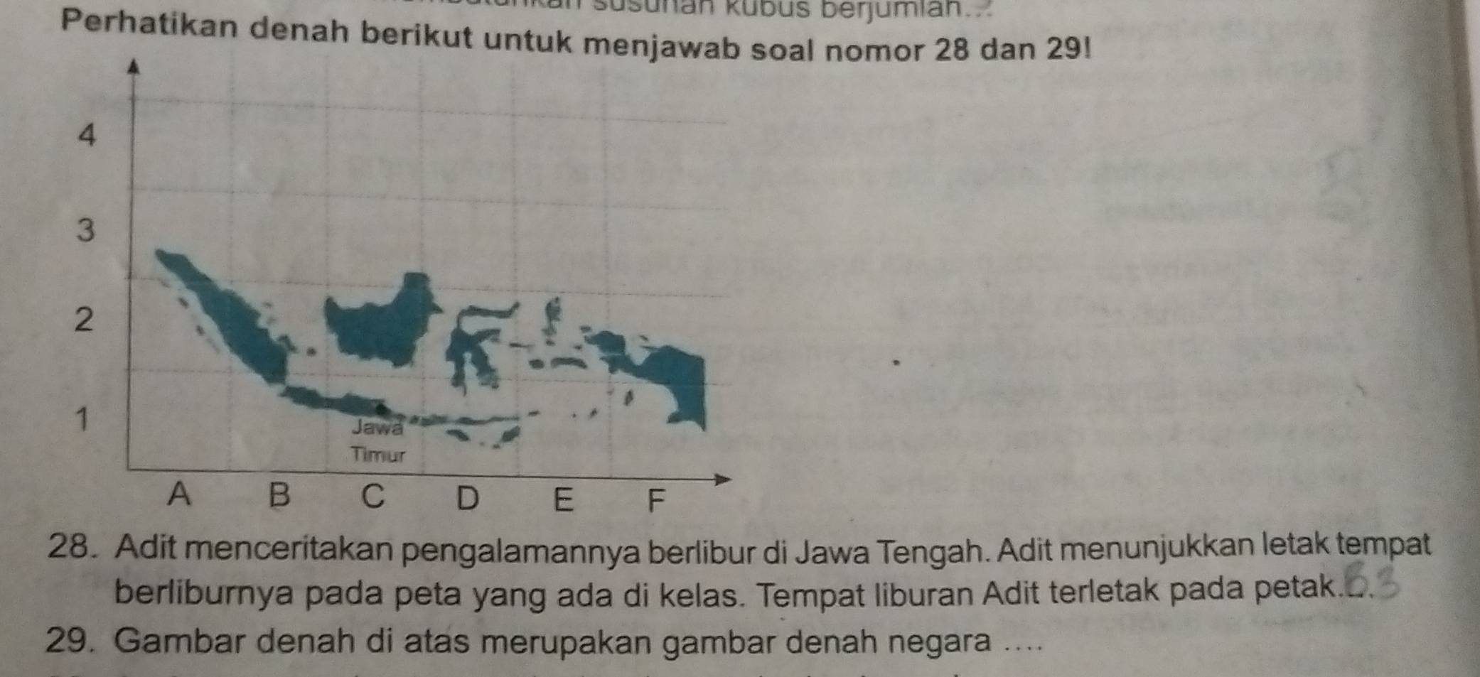 Busunan kübus berjumian. 
Perhatikan denah berikut untuk menjawab soal nomor 28 dan 29!
4
3
2
1
Jawa 
Timur
A B C D E F
28. Adit menceritakan pengalamannya berlibur di Jawa Tengah. Adit menunjukkan letak tempat 
berliburnya pada peta yang ada di kelas. Tempat liburan Adit terletak pada petak 
29. Gambar denah di atas merupakan gambar denah negara ....