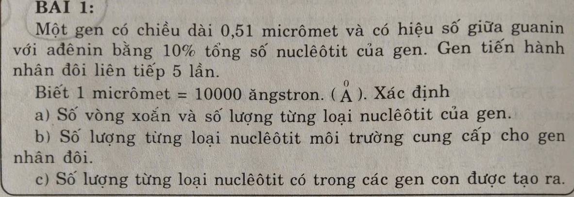 BAI 1: 
Một gen có chiều dài 0,51 micrômet và có hiệu số giữa guanin 
với ađênin bằng 10% tổng số nuclêôtit của gen. Gen tiến hành 
nhân đôi liên tiếp 5 lần. 
Bết 1 micrômet =10000 ăngstron. ( Ả ). Xác định 
a) Số vòng xoắn và số lượng từng loại nuclêôtit của gen. 
b) Số lượng từng loại nuclêôtit môi trường cung cấp cho gen 
nhân đôi. 
c) Số lượng từng loại nuclêôtit có trong các gen con được tạo ra.