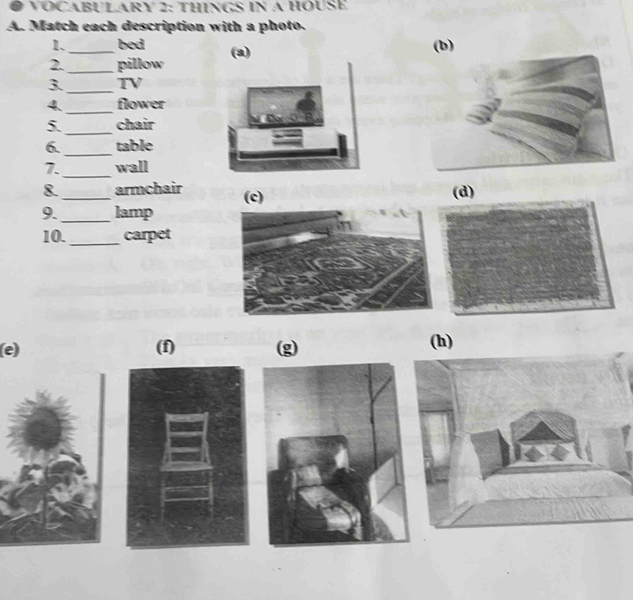 VOCABULARY 2: THINGS IN A HOUSE 
A. Match each description with a photo. 
1. bed 
2._ _pillow (a) 
3._ TV 
4._ flower 
5. _chair 
6 _table 
_ 
7. wall 
8_ armchair (c) 
9. _lamp 
10._ carpet 
(e) (f) (g) (h)