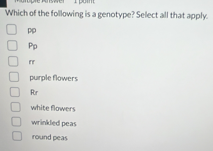 Mürtple Answer Ipoint
Which of the following is a genotype? Select all that apply.
pp
Pp
rr
purple flowers
Rr
white flowers
wrinkled peas
round peas