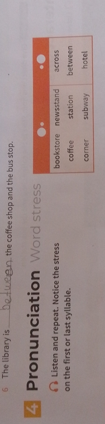 The library is _the coffee shop and the bus stop. 
4 Pronunciation Word stress 
Listen and repeat. Notice the stress 
on the first or last syllable.