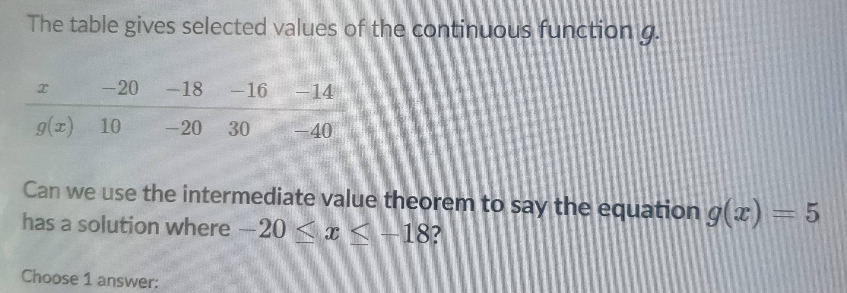 The table gives selected values of the continuous function g.
Can we use the intermediate value theorem to say the equation g(x)=5
has a solution where -20≤ x≤ -18 ?
Choose 1 answer: