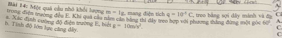 Một quả cầu nhỏ khối lượng m=1g , mang điện tích q=10^(-5)C _ , treo bằng sợi dây mảnh và đặi C 
trong điện trường đều E. Khi quả câu năm cân bằng thì dây treo hợp với phương thăng đứng một góc 60°. A. 
a. Xác định cường độ điện trường E, biết g=10m/s^2. 
b. Tính độ lớn lực căng dây. 
C.
C