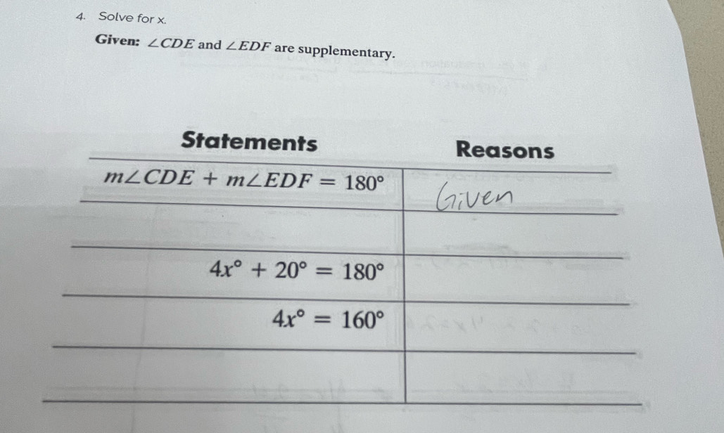 Solve for x.
Given: ∠ CDE and ∠ EDF are supplementary.