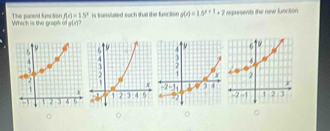 The parent function f(x)=1.5^x is translated such that the function g(x)=1.5^(x+1)+2 represents the new funcson. 
Which is the graph of g(x) ?