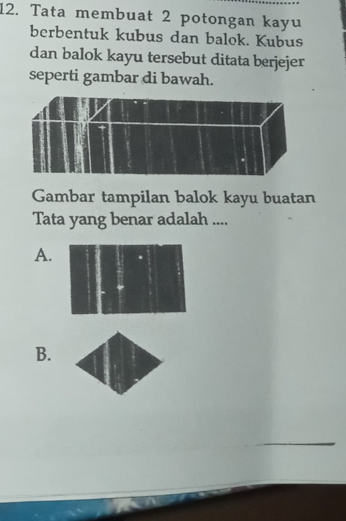 Tata membuat 2 potongan kayu 
berbentuk kubus dan balok. Kubus 
dan balok kayu tersebut ditata berjejer 
seperti gambar di bawah. 
Gambar tampilan balok kayu buatan 
Tata yang benar adalah .... 
A. 
B.