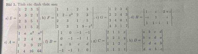 Tính các định thức sau: 
a E=beginbmatrix 1&2&3&5 5&3&2&1 2&3&5&1 3&1&5&2endbmatrix b) F=beginvmatrix 1&1&2&3 1&2-x^2&2&3 2&3&1&5 2&3&1&9-x^2endvmatrix. c) G=beginbmatrix 1&2&3&4 2&2&4&3 3&4&0&1 4&3&1&7endbmatrix d) H=beginvmatrix 1&i&2+i -i&1&i 1&1-i&1endvmatrix. 
e) A=beginbmatrix 1&a&a^2&a^2 1&2&4&8 1&3&9&27 1&4&16&64endbmatrix f) B=beginvmatrix 1&0&-1&-1 0&-1&-1&1 a&b&c&d -1&-1&1&0endvmatrix. g) C=beginbmatrix 2&1&1&x 1&2&1&y 1&1&2&z 1&1&1&tendbmatrix; h) D=beginvmatrix a&b&c&d b&c&d&a c&d&a&b d&a&b&cendvmatrix