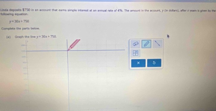 Linda deposits $750 in an account that earns simple interest at an annual rate of 4%. The amount in the account, y (in dollars), after x years is given by the
following equation.
y=30x+750
Complete the parts below.
(e) Graph the line y=30x+750
× 5