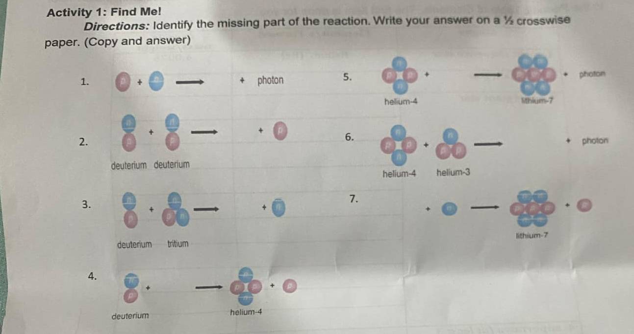 Activity 1: Find Me! 
Directions: Identify the missing part of the reaction. Write your answer on a ½ crosswise 
paper. (Copy and answer) 
1.photon 
5. 
+ 
6. 
2. 
3. 
7. 

4. 
deuterium helium-4