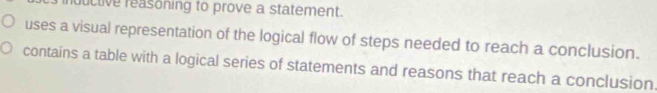 uctive reasoning to prove a statement. 
uses a visual representation of the logical flow of steps needed to reach a conclusion. 
contains a table with a logical series of statements and reasons that reach a conclusion.