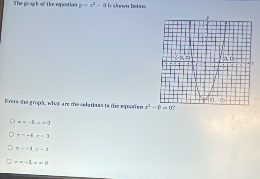 The graph of the equation y=x^2-9 is shown below.
From the graph, what are the solutions to the equation
x=-9,x=0
x=-9,x=3
x=-3,x=3
x=-3,x=0