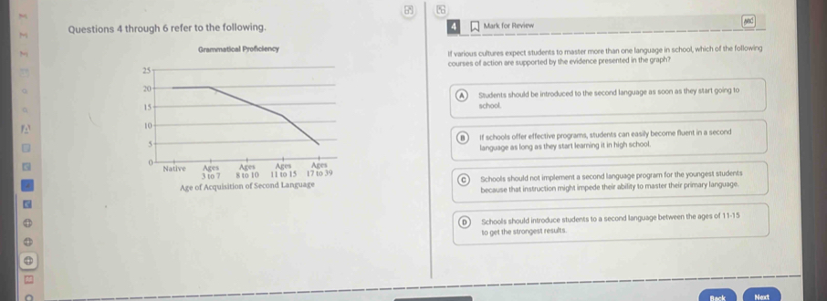 wad
Questions 4 through 6 refer to the following. Mark for Review
If various cultures expect students to master more than one language in school, which of the following
courses of action are supported by the evidence presented in the graph?
Students should be introduced to the second language as soon as they start going to
school.
If schools offer effective programs, students can easily become fluent in a second
mì
language as long as they start learning it in high school.
Schools should not implement a second language program for the youngest students
because that instruction might impede their ability to master their primary language.
Schools should introduce students to a second language between the ages of 11 - 15
to get the strongest results.
Rack Next