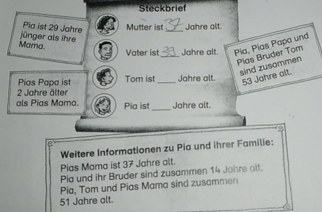 Steckbrief
Pia ist 29 Jahre
Mutter ist_ Jahre alt.
jünger als ihre
Vater ist _Jahre alt. Pia, Pias Papa und
Mama.
Pias Bruder Tom
sind zusammen
Pias Papa ist
Tom ist _Jahre alt. 53 Jahre alt.
2 Jahre älter
als Pias Mama.
Pia ist_ Jahre alt.
Weitere Informationen zu Pia und ihrer Familie:
Pias Mama ist 37 Jahre alt.
Pia und ihr Bruder sind zusammen 14 Jahre alt.
Pia, Tom und Pias Mama sind zusammen
51 Jahre alt.