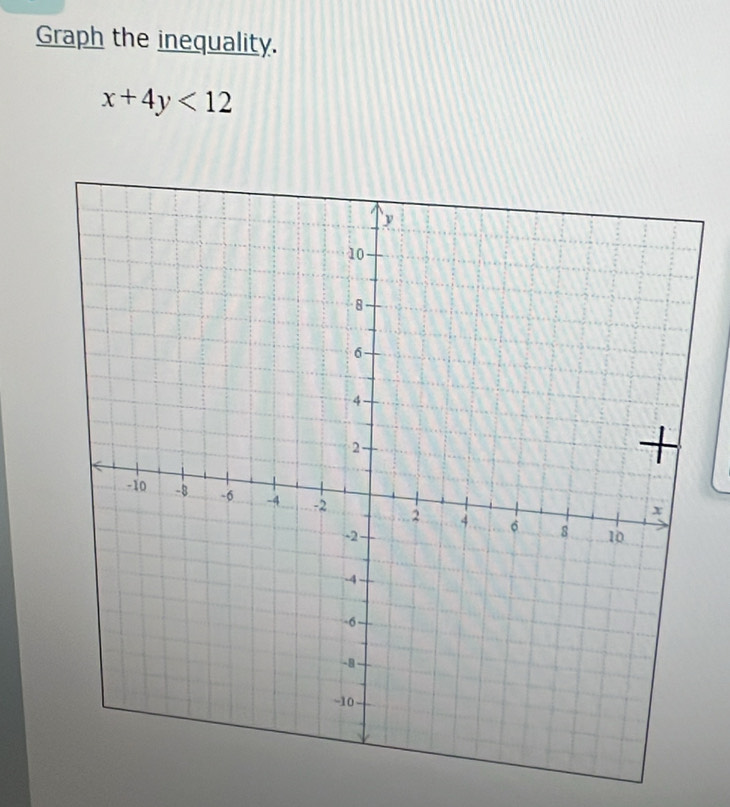 Graph the inequality.
x+4y<12</tex>