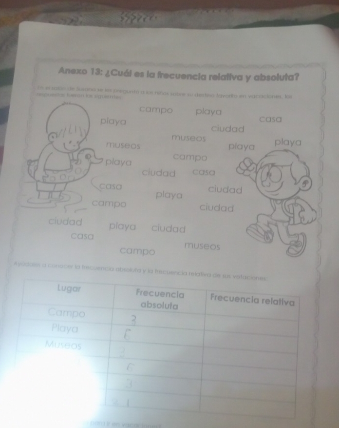 Anexo 13: ¿Cuái es la frecuencia relativa y absoluta? 
En eisajón de Susana se les preguntó a los niños sobre su destino favorito en vacaciones, las 
respuesas teron las siguientes. 
campo playa 
casa 
playa ciudad 

museos 
museos playa playa 
playa campo 
ciudad casa 
casa ciudad 
playa 
campo ciudad 
ciudad playa ciudad 
casa 
campo museos 
Ayúdalss a conocer la frecuencia absoluta y la frecue
