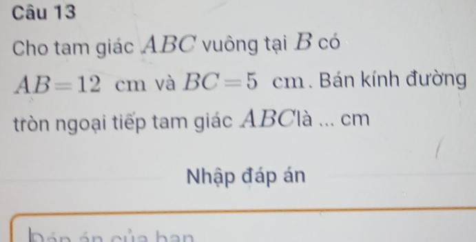 Cho tam giác ABC vuông tại B có
AB=12cm và BC=5cm. Bán kính đường 
tròn ngoại tiếp tam giác ABClà... cm
Nhập đáp án