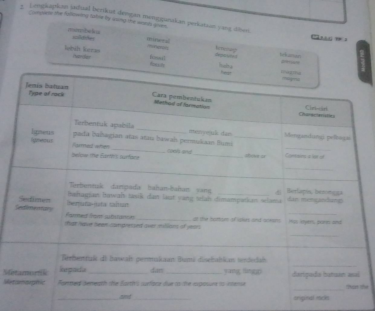 Lengkapkan jadual berikut dengan menggunakan perkataan yang diberi
Complete the fallowing table by using the words given.
membeka
solidifies
119,2,2) TP 2
mineral tekanan
terenap
minerals deposited
lebih keras fossil haba
harder 
fassils
pressure
Me
Me
he
ariginal racks