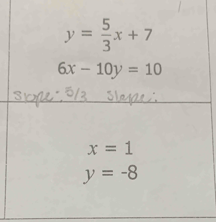 y= 5/3 x+7
6x-10y=10
x=1
y=-8