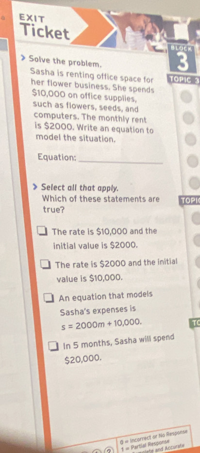 EXIT
Ticket
BLaCK
Solve the problem.
3
Sasha is renting office space for TOPIC 3
her flower business. She spends
$10,000 on office supplies,
such as flowers, seeds, and
computers. The monthly rent
is $2000. Write an equation to
model the situation.
Equation:_
Select all that apply.
Which of these statements are TOPI
true?
The rate is $10,000 and the
initial value is $2000.
The rate is $2000 and the initial
value is $10,000.
An equation that models
Sasha's expenses is
s=2000m+10,000. TC
In 5 months, Sasha will spend
$20,000.
0 = Incorrect or No Response
1= Partial Response
nlete and Accurate