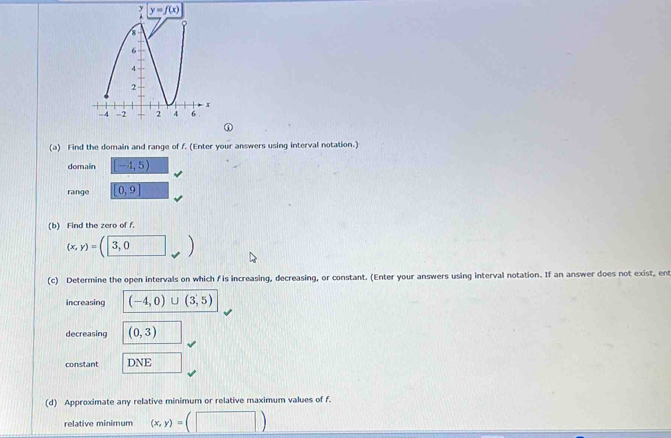 Find the domain and range of f. (Enter your answers using interval notation.)
domain [-4,5)
range [0,9]
(b) Find the zero of f.
(x,y)=(3,0)
(c) Determine the open intervals on which fis increasing, decreasing, or constant. (Enter your answers using interval notation. If an answer does not exist, en
increasing (-4,0)∪ (3,5)
decreasing (0,3)
constant DNE
(d) Approximate any relative minimum or relative maximum values of f.
relative minimum (x,y)=(□ )