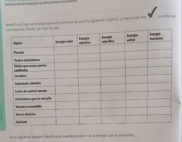 Conservación de la energía y sus interacciones con la materia 
Identifica el tipo de energía que está presente al usar los siguientes objetos, y marca con una la celda que 
2 
En la siguiente imagen, identifica las manifestaciones de la energía que se presentan.